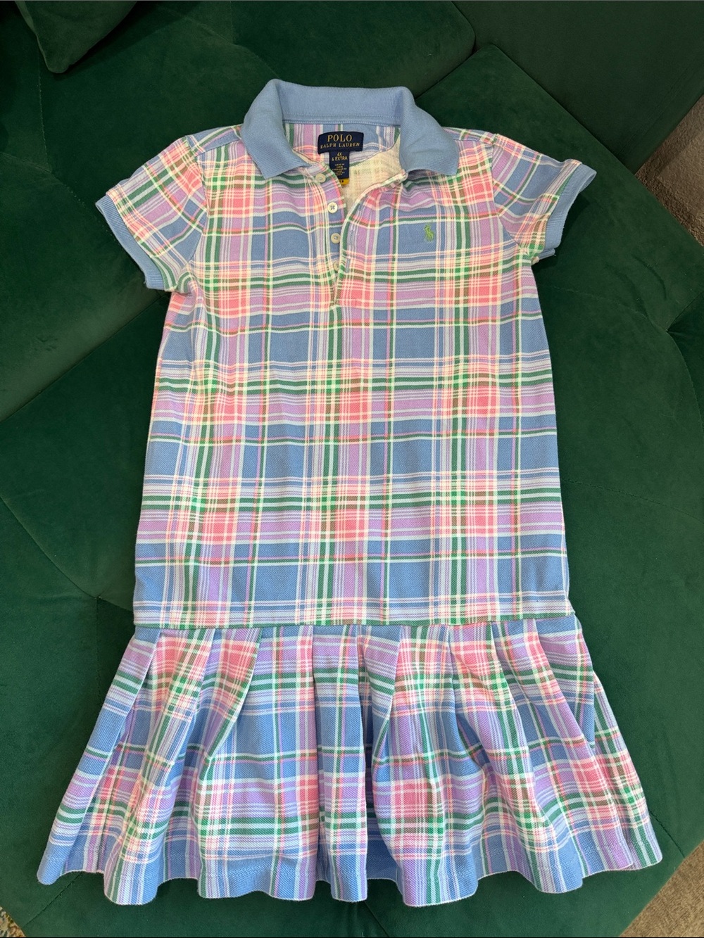 Polo by Ralph Lauren Blue Plaid Polo Dress with Pink & Green Stripes